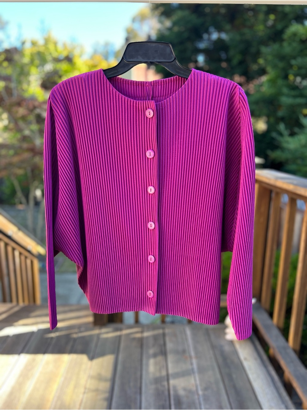 Vibrant Fuchsia Pleated Button-Front Cardigan